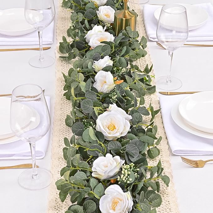 Dolicer 2 Packs 6.56Ft Eucalyptus Garland with Flowers - 8 White Roses, Artificial Flower Fake Rose Vine Faux Greenery for Wedding Backdrop Arch Table Wall Party Home Decor, Grey Green