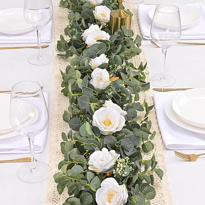 Dolicer 2 Packs 6.56Ft Eucalyptus Garland with Flowers - 8 White Roses, Artificial Flower Fake Rose Vine Faux Greenery for Wedding Backdrop Arch Table Wall Party Home Decor, Grey Green