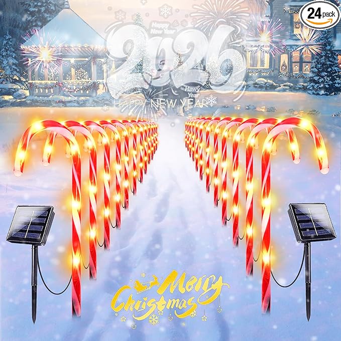 IDEAALS 24-Pack Solar Christmas Candy Cane Lights, Solar Pathway Lights Waterproof, Christmas Decorations Outdoor with 8 Modes for Party Patio Garden Lawn Yard Decor