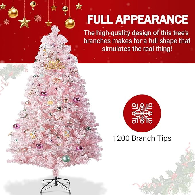 7FT Pink Artificial Christmas Tree with 1200 Realistic Branch, Flocked Full Xmas Tree with Foldable Stand, Easy Assembly Hinged Pine Tree for Home, Shop, Office, Party Holiday Decoration