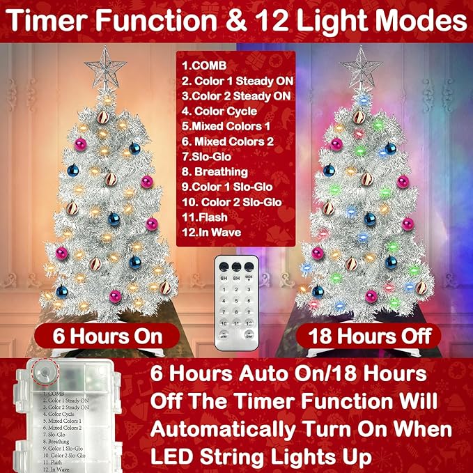 [Remote Control & 12 Modes] SURCVIO 3 Ft Christmas Tree with Timer 50 Four Color LED Lights DIY 15 Ball Ornaments Star Artificial Xmas Tree Indoor Outdoor Home Holiday Decorations (Silver)
