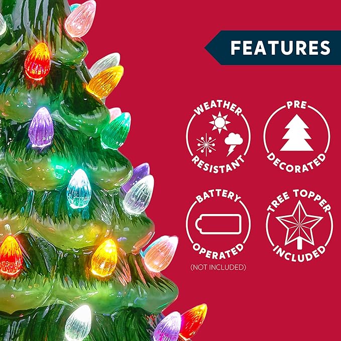 Joiedomi 12" Ceramic Christmas Tree, Table Top Christmas Tree with Flower Leaf, Vintage Pre-lit Xmas Decor with LED Lights, Battery Operated Hand-Painted Xmas Decorations Indoor Home