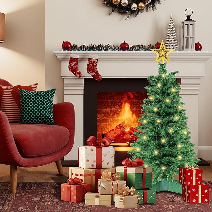 3 Ft Green Christmas Tree with Lights, Timer 8 Modes 50 Warm White Lights Battery Operated Small Artifical Full Christmas Tree for Tabletop Home Office Indoor Outdoor Xmas Holiday Party Decorations