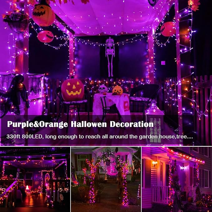 Purple and Orange Halloween Lights, 800LED 330FT String Lights 8 Modes Timer Plug in Waterproof Indoor Outdoor Christmas for Garden Party Decoration, JT-EL/FC300V0200