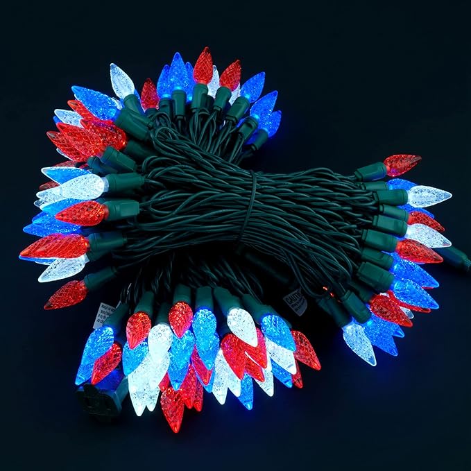 YULETIME Red White Blue One-Piece C6 Strawberry Christmas Lights 140 Count 71 Feet, 2 Sets 70 LED 35.5 ft High Waterproof UL Certified String Light (Red, White & Blue)