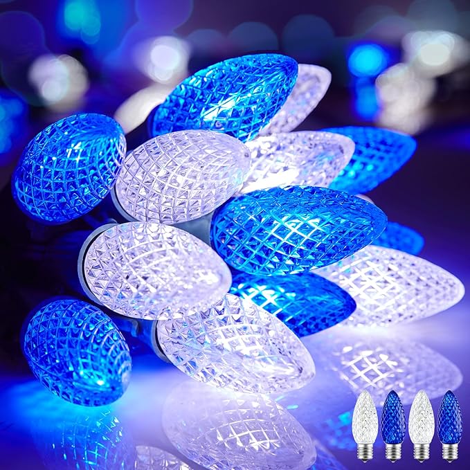 Minetom 100 Feet Led Christmas Lights,Blue White C9 Christmas String Lights Outdoor, 100 Strawberry Bulbs Connectable UL Certified for Indoor Outdoor Roofline Patio Holiday Party Backyard Xmas Decor