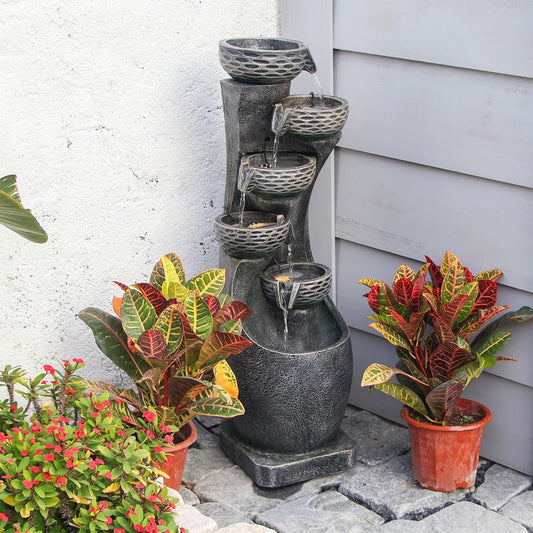 35.83''H Indoor Outdoor Modern Water Fountain 6-Tiers Garden Cascading Fountains Curve Shape Floor Standing Waterfall Water Feature with LED Light for Yard Deck Patio Home Art Decor