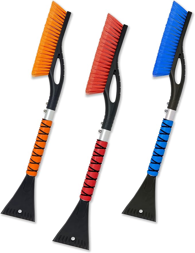 EcoNour 27" Aluminum Car Snow Scraper and Brush (Orange, Red & Blue) | Weaved Bristle Head with Metal Body Ice Scraper for Car Windshield | Tough Ice Scraper with Foam Grip Winter Accessory | 3 Pack