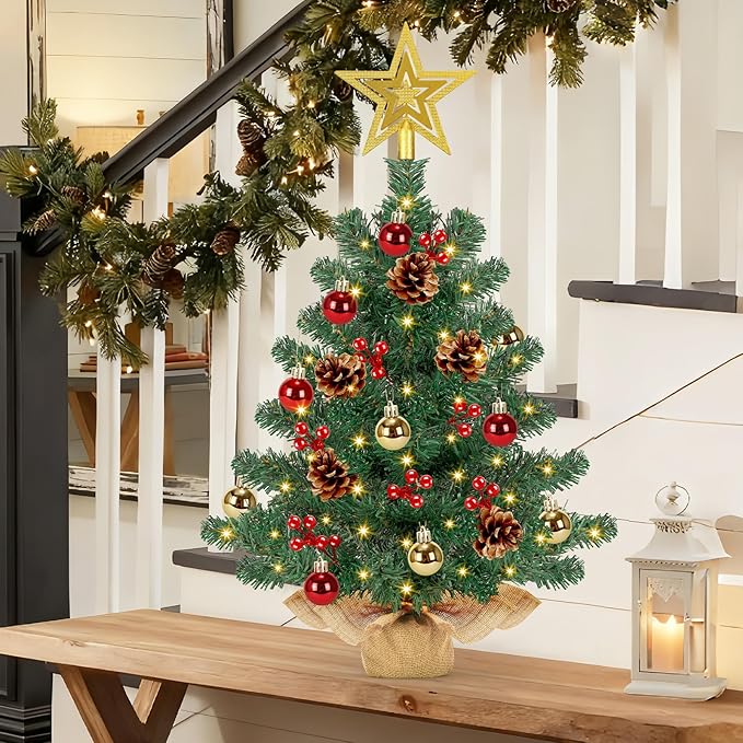 [ 8 Modes & Timer] 24 Inch Small Tabletop Christmas Tree with 50 Warm White Lights Star Treetop and Ornaments Artificial Mini Christmas Tree Indoor Home Table Christmas Decorations