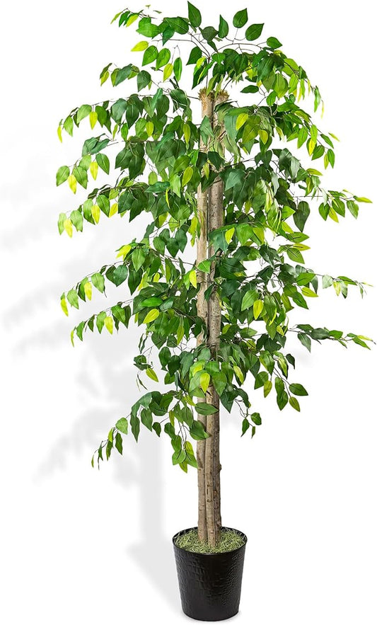 6ft Deluxe Artificial Ficus Tree in Black Metal Pot - Real Wood Trunk, Preassembled, No Maintenance Indoor Faux Plant - Living Room, Home & Office Decor