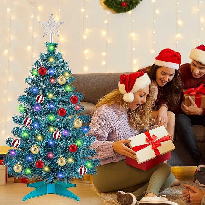 [ Timer & 12 Modes ] 3 Ft Blue Christmas Tree with DIY 50 Warm White & Multi Color Lights 15 Ball Ornaments 3D Star Remote Control Battery Operated Pencil Full Tree Xmas Christmas Decorations Table