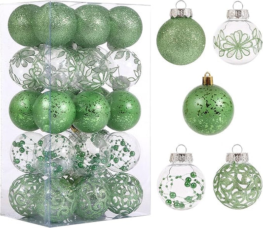 Clear Christmas Ornaments Set, 30ct 2.36inch Green Christmas Ornaments Balls for Christmas Tree Decoration Shatterproof Hanging Baubles with Stuffed Decoration for Halloween Thanksgiving Wedding Party