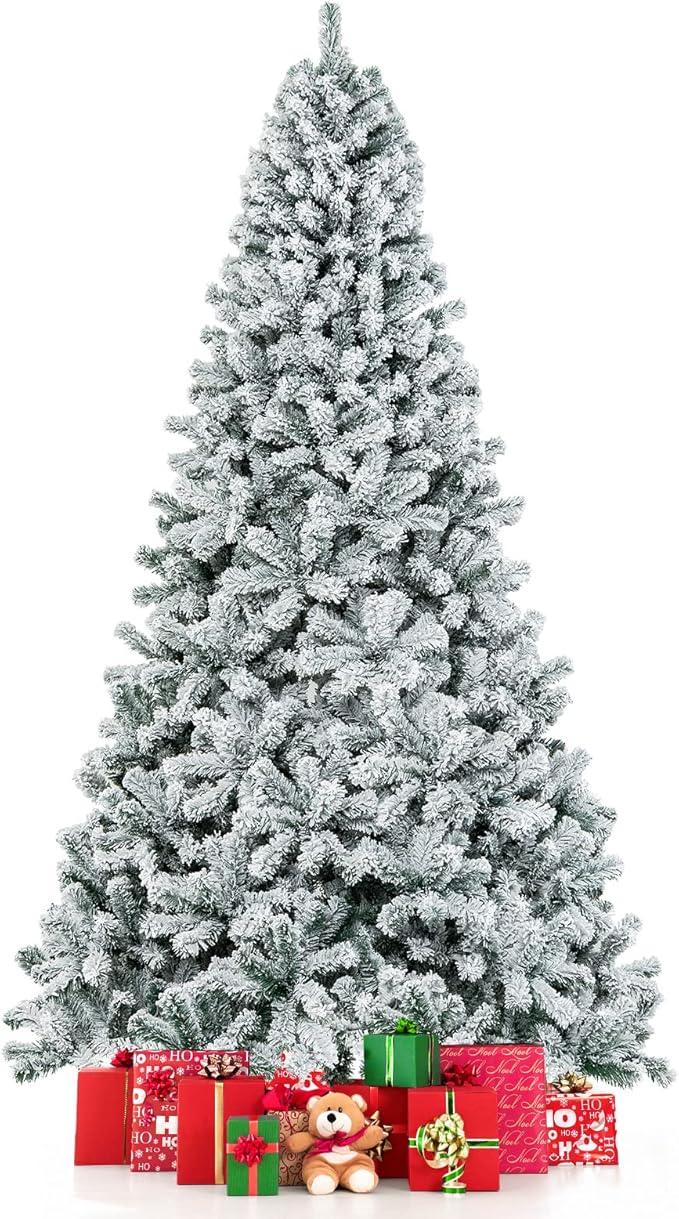 COSTWAY 9 FT Snow Flocked Christmas Tree, Artificial Holiday Hinged Pine Tree with 1498 Branch Tips, Solid Metal Stand, Premium Xmas Full Fake Tree for Home, Office, Party Decoration