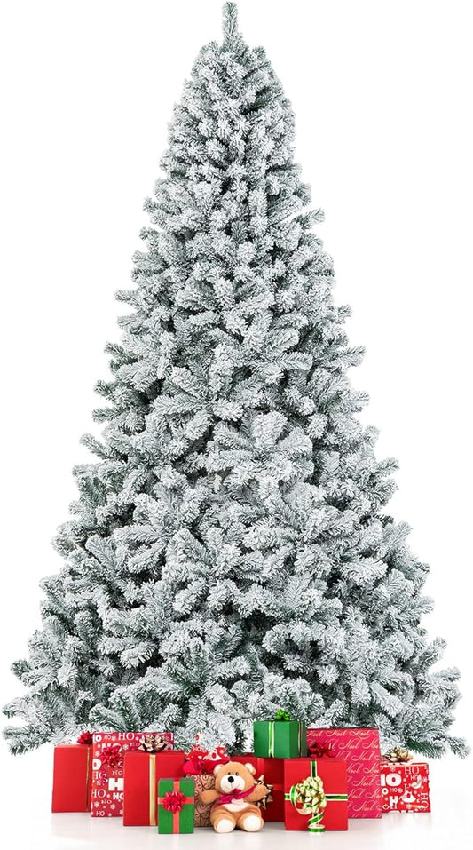 COSTWAY 9 FT Snow Flocked Christmas Tree, Artificial Holiday Hinged Pine Tree with 1498 Branch Tips, Solid Metal Stand, Premium Xmas Full Fake Tree for Home, Office, Party Decoration