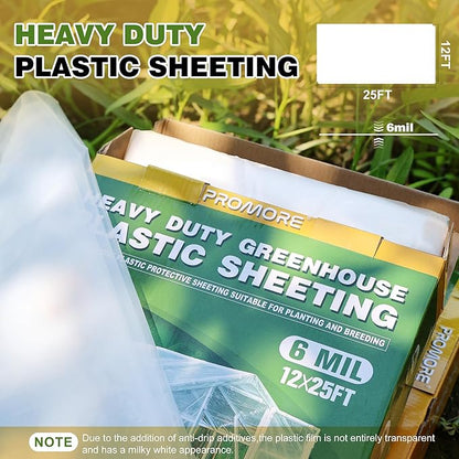 Greenhouse Plastic Sheeting 6 Mil 12x25 FT, Clear Plastic Sheeting Heavy Duty, Polyethylene Film, UV Resistant, Tear-Proof, for Garden, Agriculture, Painting Floor Protection