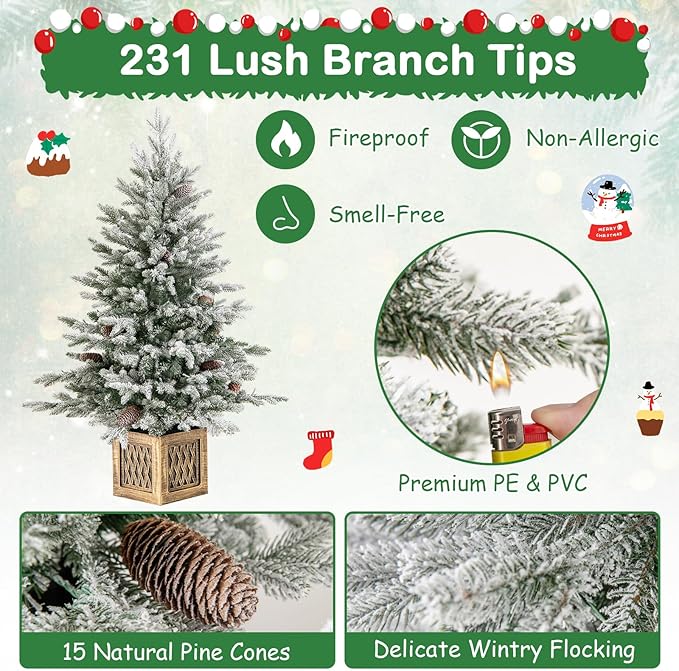 HAPPYGRILL 4 FT Pre-Lit Artificial Christmas Tree Flocked Xmas Tree with 231 PE PVC Branch Tips, 15 Natural Pine Cones, 100 Warm White LED Lights & Vintage Base, Decoration Tree for Party & Carnival