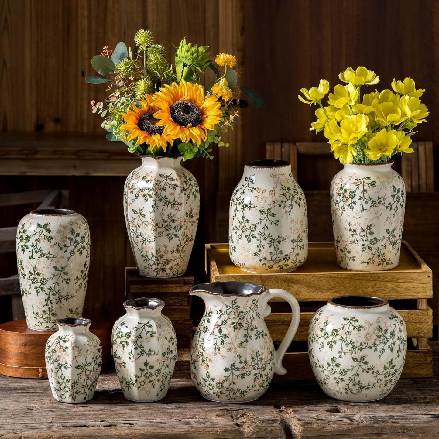 Vintage Pastoral Green and Beige Flower Vase, Ceramic Floral Vases, Retro Ice Cracked Chinoiserie Vase for Home Cottage Core Decor, Bookshelf, Office, Mantel, Wedding Rustic Table Centerpiece 8.5 Inch