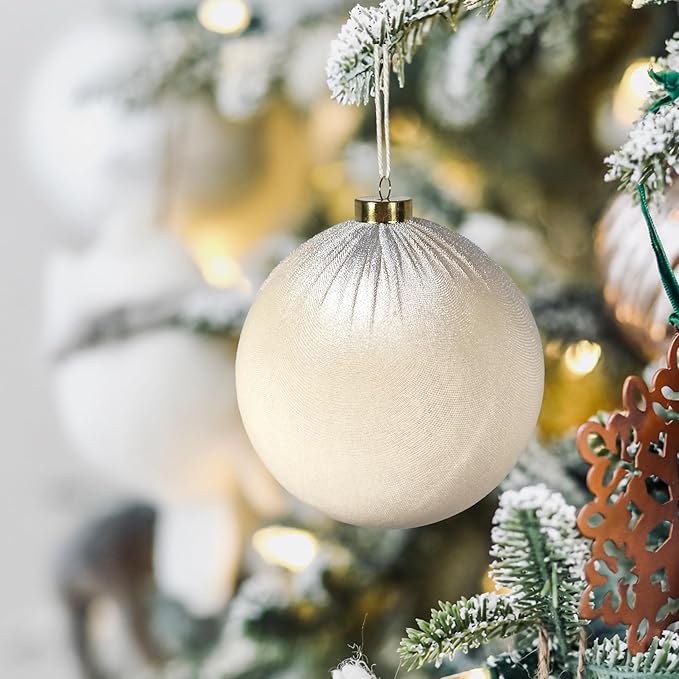 4PCS White Velvet Christmas Ornaments Set – 6 Inch Large Flocked Shatterproof Baubles for Xmas Tree Decoration, Hanging Ornaments for Holiday & Home Décor (Ivory White, 6 Inch / 15 cm)