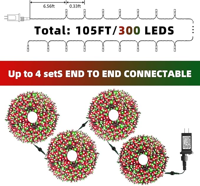 XTF2015 Christmas String Lights, 105ft 300 LED Christmas Lights 8 Modes Memory Function & Timer- UL Certified - Outdoor Indoor Christma s Fairy Lights for Tree, Garden, Party, Wedding(Red + Green)