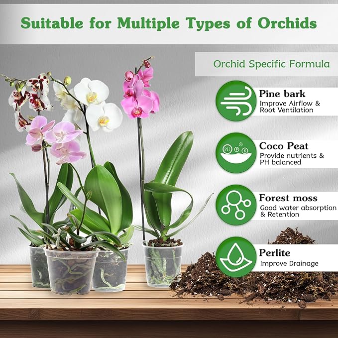 Orchid Potting Mix for Repotting, Mixture of Moss Pine Bark Coco Peat and Perlite, Orchid Bark Potting Mix, Orchid Repotting Kit, Suitable for Plant Root Expansion and Good Drainage - 4QT