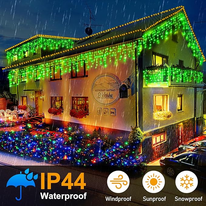 KNONEW 99ft 1216 LED Christmas Lights Outdoor Decorations with 228 Drops, 8 Modes Curtain Fairy Light, Clear Wire LED String Light Decor for Wedding Party Christmas (Green)