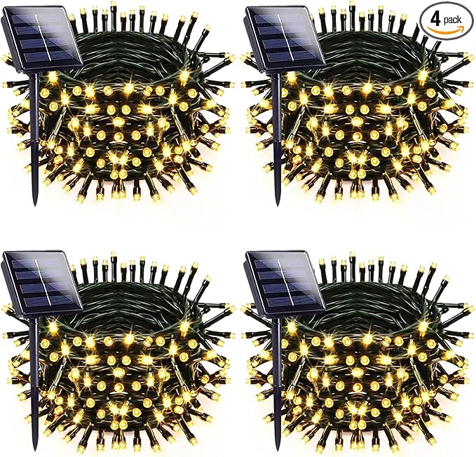 Upgraded 4 Pack 160FT 400 LED Solar Christmas Lights Outdoor Solar String Lights with 8 Lighting Modes Waterproof Solar Fairy Lights for Garden Yard Patio Christmas Tree Decoration (Warm White)