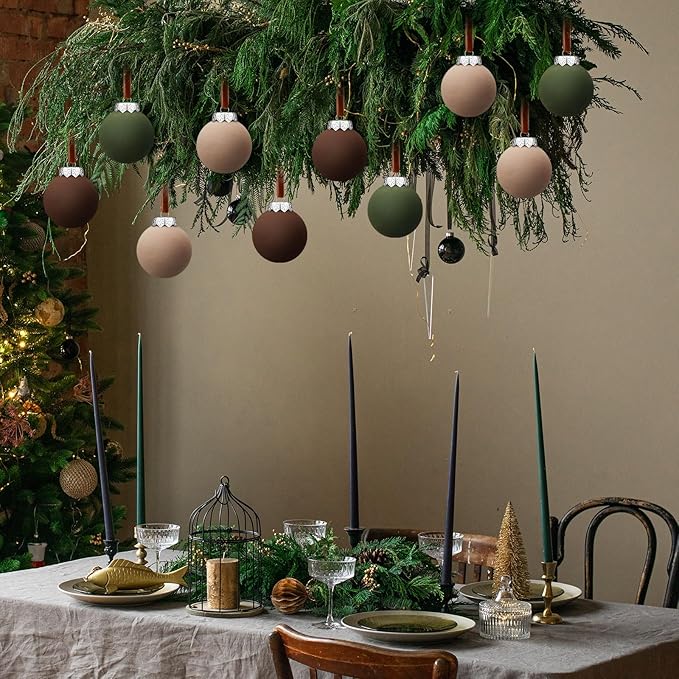 12 Pcs Neutral Matte Christmas Ball Ornaments 2.4 Inch Rustic Boho Brown Green Tan Xmas Bulbs Ornament Vintage Xmas Baubles Modern Christmas Decor for Tree Farmhouse Decor