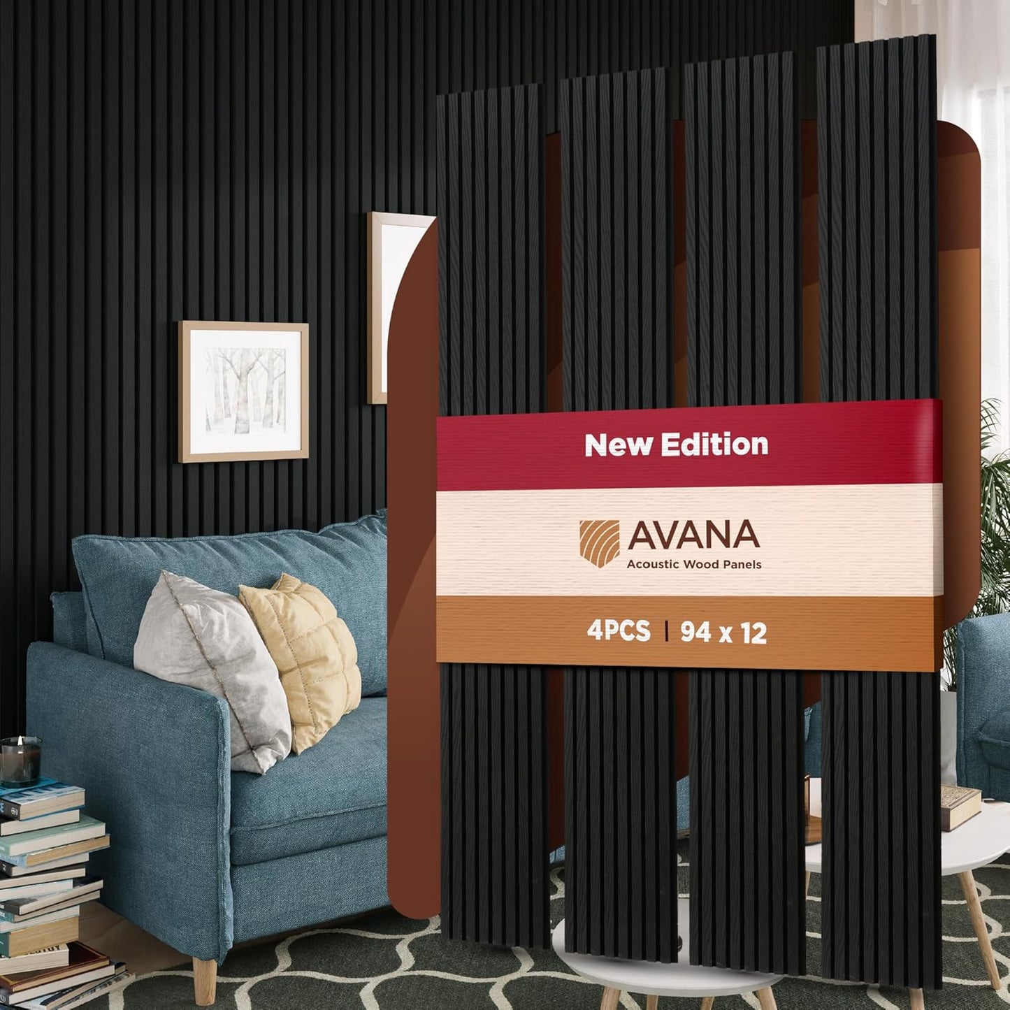 Avana Acoustic Wood Wall Panels – 94.4 X 12.6 Inch Black Oak Acoustic Panels 4 PCs – Wall Panels For Interior Wall Decor For Homes, Offices, Studios – Sturdy And Durable Wood Panels For Wall