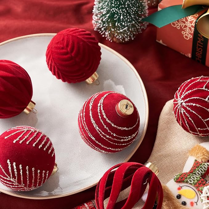 Christmas Ball Ornaments, Red Xmas Decor, 12-Pcs Hand-Painted Shatterproof Decor Set, Multi-Color Christmas Tree Decorations, Perfect for Holiday Decor