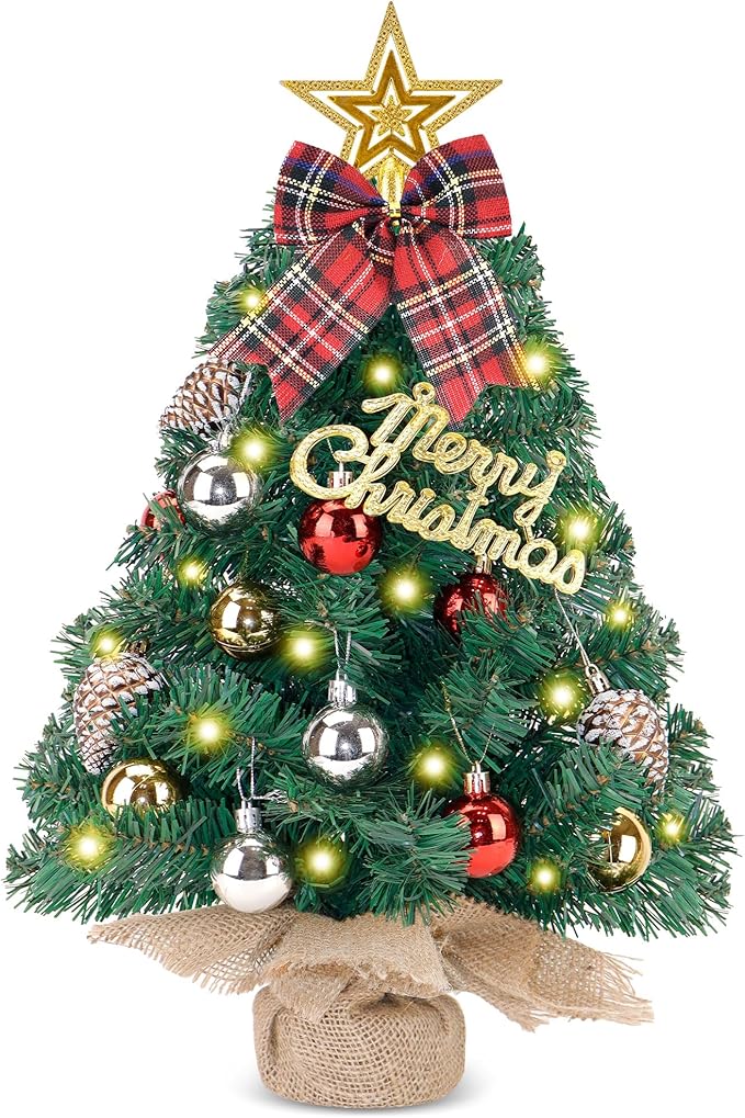 Prelit Mini Christmas Tree Tabletop with LED Lights, 2ft Artificial Xmas Tree with Treetop Star and Hanging Ornaments Small Christmas Trees Decoration for Home Cafe Office Desk, Green