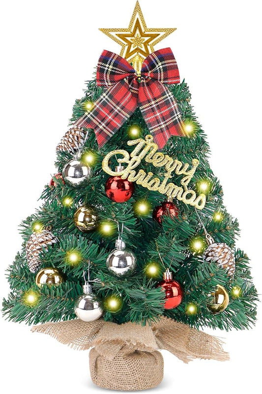 Prelit Mini Christmas Tree Tabletop with LED Lights, 2ft Artificial Xmas Tree with Treetop Star and Hanging Ornaments Small Christmas Trees Decoration for Home Cafe Office Desk, Green