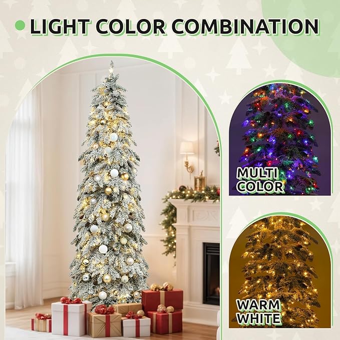 GOOBED 7.5ft Pre-Lit Flocked Drooping Pencil Spruce Christmas Tree with Pine Cones, Layered Spruce Design with Remote, 800 Branch Tips and 350 Lights for Home or Office, White Flocking