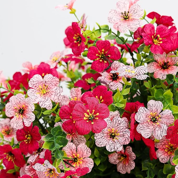 Artificial Flowers for Outdoors 6PCS，All Weather Fade Proof, UV Resistant Waterproof Realistic Faux Silk Mums Daisies Rose Red & Pink for Hanging Planters Porch Patio Balcony Deck Fence Garden Decor