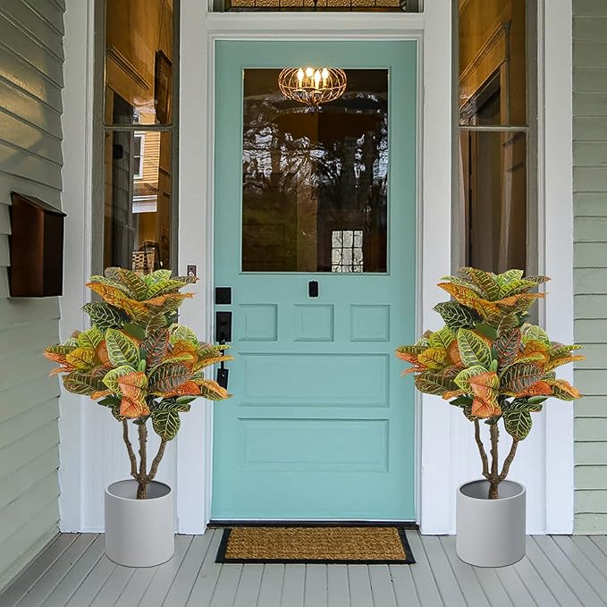 2PCS Artificial Croton Plant, Faux Fiddle Leaf fig Tree,Artificial Trees for Home Decor,Floor Plant,Front Porch Plants with Plastic Pot, Faux Ficus Lyrata Tree,35inch