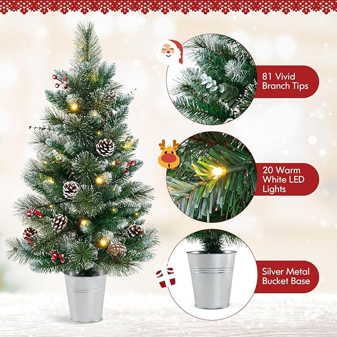 Goplus 3ft Pre-Lit Mini Tabletop Christmas Tree, 2 Pack Artificial Small Battery Operated Xmas Tree with 20 Warm White LED Lights, 8 Modes, Timer, 81 PVC & Pine Needles, for Home Office Decoration
