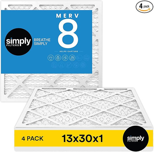 Simply 13x30x1 Air Filter, Merv 8, 4 Pack, For Home AC Furnace & HVAC (Actual Size: 12.75"x29.75"x0.75") DUST, Pet, & Allergy Control