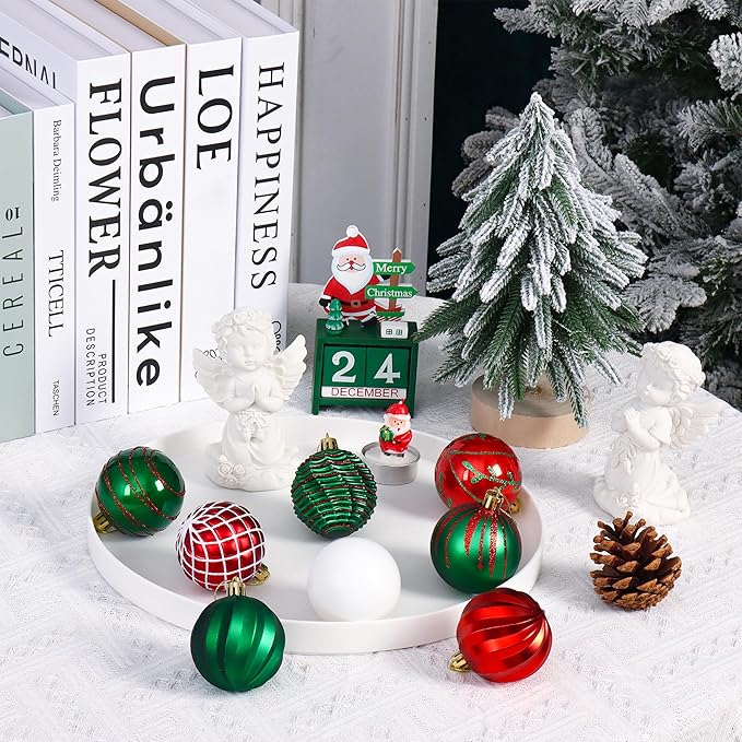 100PCS Red Green White Christmas Ornaments Set, Shatterproof Christmas Ball Ornaments Bulk, Assorted Decorations Baubles Hanging Ornaments for Christmas Trees Holiday Party Decor (Red & Green & White)
