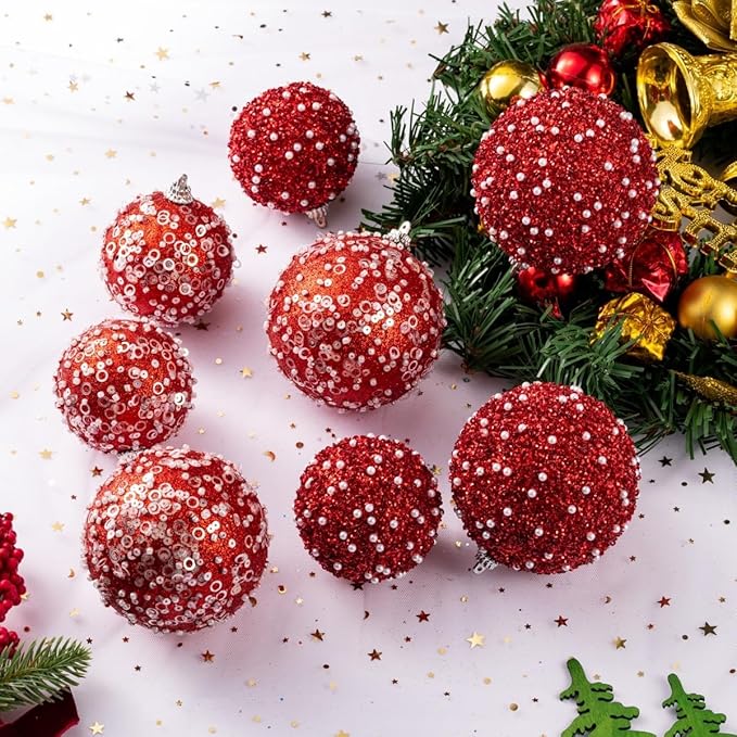 12CT Christmas Ball Ornaments, Red Christmas Ball Decorations Shatterproof Plastic Hanging Pearl Balls for Holiday Party(70mm/2.76")