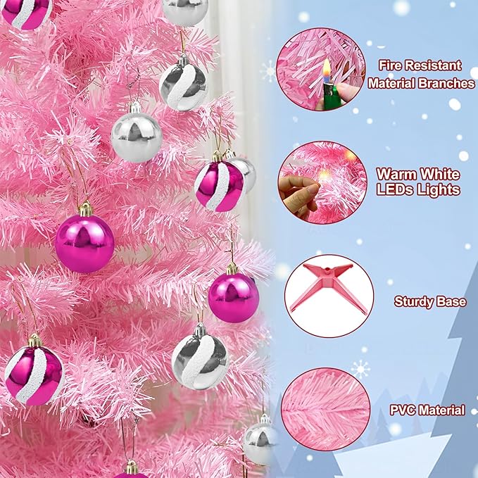 4 Ft Pink Christmas Tree with Timer Remote Control 8 Mode 100 Warm White Light 18 DIY Ball Ornaments 3D Star Battery Operated Small Xmas Tree Table Indoor Holiday Decor