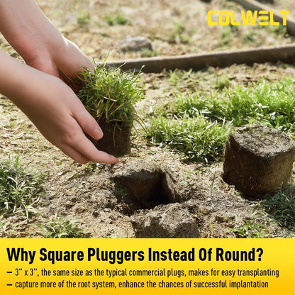 Colwelt Sod Plugger Tool 36-INCH, Grass Plug Tool 3 x 3 Square with Serrated Base, Long Handle Bulb Planter Tool with Dual Pedals & Easy Foot Ejector, Sod Turf Cutter for Lawn Planting Grass Repair