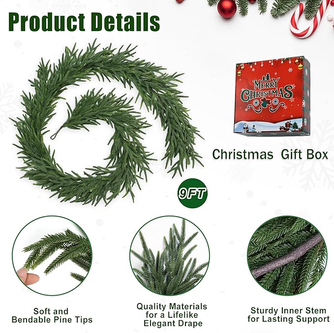 Realistic Thick and Lush Christmas Garland for Mantle Christmas Decorations Indoor 9FT Real Touch Artificial Pine Garlands for Stairs Railing Outdoor Fireplace Table Xmas Holiday Decor Winter Greenery