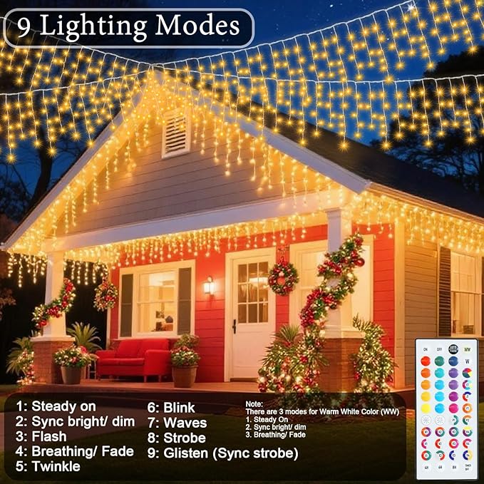 Pooqla Color Changing Icicle Lights with Remote, 35 Colors Christmas Icicle Lights, 300 LED 48FT RGB Waterproof Hanging String Lights for Roof Window Home Party Thanksgiving Christmas Outdoor Decor