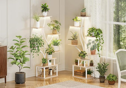 PRAISUN 51.3 Inch Plant Stand with Grow Light, 6 Tiered Indoor Plant Shelf with Larger Flower Holder, Pine-Shaped Stand, 3 Light Modes, Open Base, Corner Plant Rack for Living Room, Oak and White