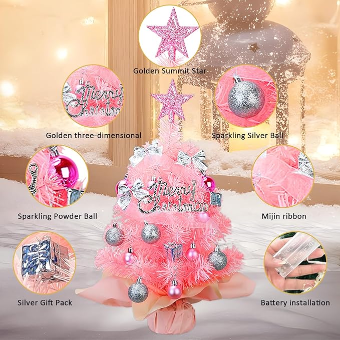 Small Mini Christmas Tree Pink with 50 LED Lghts 24 Inch /2FT Tabletop Artificial Christmas Tree Decorated Gift Boxes and Hanging Ornaments for DIY Christmas Decoration