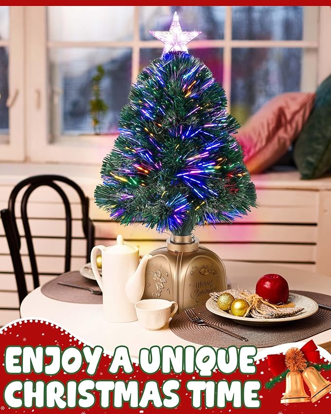 2FT Rotating Musical Tabletop Christmas Tree with Lights, Pre-Lit Green Fiber Optic Mini Xmas Tree with Spinning Music Base for Small Space Home Office Desk Holiday Decor