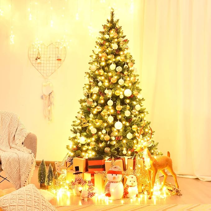 GOFLAME 6.5 FT Pre-Lit Christmas Tree with 1100 Branch Tips, Premium PVC Needles, Hinged Artificial Christmas Tree w/Sturdy Metal Stand, Pine Cones and Red Berries for Home, Office, Shops and Hotels