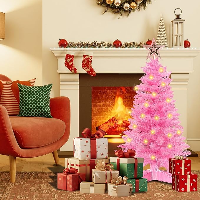 3 Ft Pink Christmas Tree with Lights, Timer 8 Modes 50 Warm White Lights Battery Operated Small Artifical Full Christmas Tree for Tabletop Home Office Indoor Outdoor Xmas Holiday Party Decorations