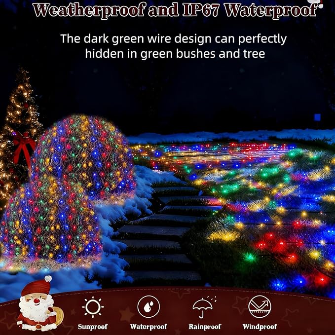 HYH Christmas Net Lights Outdoor 360 LED 12FTx5FT Multicolored Christmas Bush Mesh Lights Connectable Waterproof String Light 8 Modes for Decorations Indoor Xmas Tree Bushes Garden Decor Party