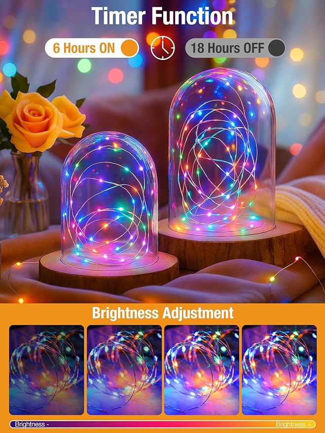 btfarm 4 Pack Fairy Lights Battery Operated with Timer, 16.4 FT 50 LED Silver Wire Twinkle String Lights 8 Modes Dimmable Waterproof for Indoor Christmas Bedroom Wedding Decorations, Multicolor