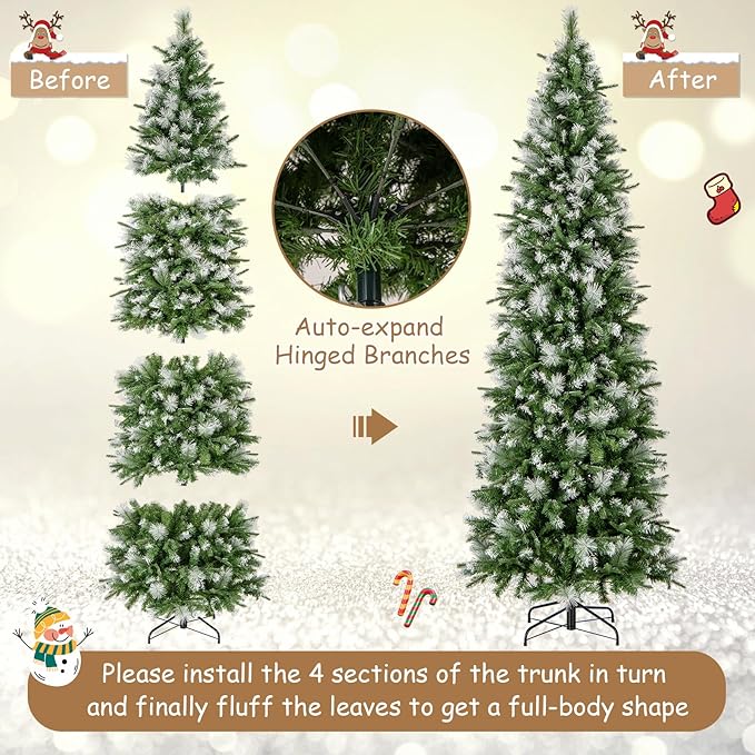 GOFLAME 9 FT Pre-Lit Pencil Christmas Tree Snow Flocked, Slim Artificial Xmas Tree with 1228 Branch Tips, 470 Warm White LED Lights, Holiday Decoration Tree for Home Party Office